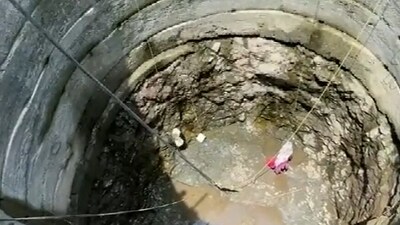The bottom of the well is almost bone dry except for a small puddle of muddy water. The bottom of the well is almost bone dry except for a small puddle of muddy water.