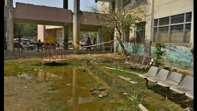 Stagnant water at the children’s park at the Mother and Child Hospital, Ludhiana. (HT Photo) Stagnant water at the children’s park at the Mother and Child Hospital, Ludhiana. (HT Photo)
