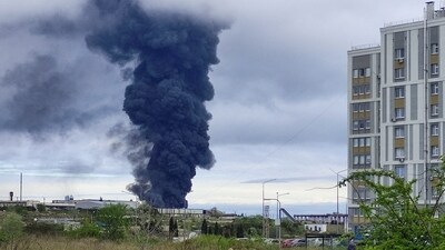 Smoke rises over a fuel tank following an alleged drone attack. (Reuters/File)