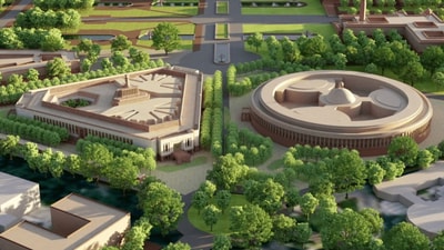 A graphic generated view of the new parliament building on left and the old building on the right. (Central Vista)