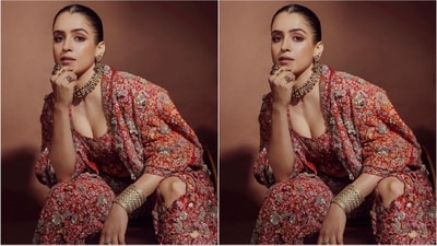 Sanya added the perfect finishing touches to her look with a diamond choker necklace, statement rings adorning her fingers, a golden bracelet, and striking pair of statement jhumkis. (Instagram/@sanyamalhotra_) Sanya added the perfect finishing touches to her look with a diamond choker necklace, statement rings adorning her fingers, a golden bracelet, and striking pair of statement jhumkis. (Instagram/@sanyamalhotra_)