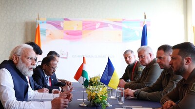 Prime Minister Narendra Modi holding talks with Ukrainian President V Zelensky on sidelines of G-7 summit in Hiroshima on May 21. Prime Minister Narendra Modi holding talks with Ukrainian President V Zelensky on sidelines of G-7 summit in Hiroshima on May 21.