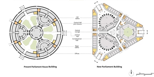 The blueprint exhibiting the design of the new Parliament, in comparison to the old building. (Central Vista) The blueprint exhibiting the design of the new Parliament, in comparison to the old building. (Central Vista)