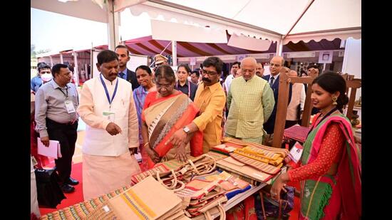 President Droupadi Murmu along with CM Hemant Soren in Jharkhand’s Khunti district on Thursday. (HT Photo)