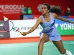 India's Pusarla V. Sindhu returns a shot during her women's singles match