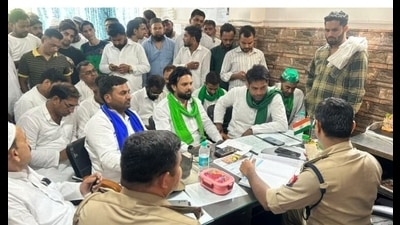 AIMIM activists lodge a complaint at a police station in Meerut following Friday’s scuffle. (Sourced)