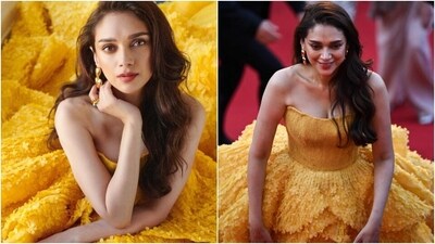 Aditi Rao Hydari walks the red carpet at the 2023 Cannes Film Festival in a Michael Cinco gown. (Instagram, AFP) Aditi Rao Hydari walks the red carpet at the 2023 Cannes Film Festival in a Michael Cinco gown. (Instagram, AFP)