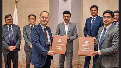 Chief minister MK Stalin during the signing of an MoU with Daicel Safety Systems in Osaka on Friday. (PTI) Chief minister MK Stalin during the signing of an MoU with Daicel Safety Systems in Osaka on Friday. (PTI)