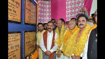 Himachal Pradesh chief minister Sukhvinder Singh Sukhu laying foundation stone of various development projects in Dehra, Kangra district, on Friday. (HT Photo) Himachal Pradesh chief minister Sukhvinder Singh Sukhu laying foundation stone of various development projects in Dehra, Kangra district, on Friday. (HT Photo)