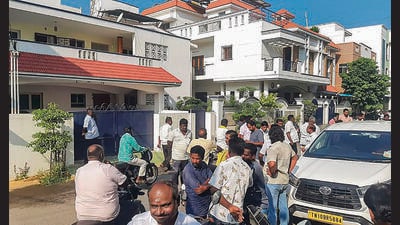 I-T officials raid the residence of TN minister Senthil Balaji, in Karur on Friday. (PTI)