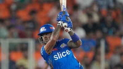 He however returned and kept MI in the chase with Suryakumar Yadav throughout the first 10 overs. Green eventually fell on 30 off 20 while Suryakumar scored 61 off 38 before falling to Mohit Sharma. (AP) He however returned and kept MI in the chase with Suryakumar Yadav throughout the first 10 overs. Green eventually fell on 30 off 20 while Suryakumar scored 61 off 38 before falling to Mohit Sharma. (AP)