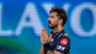 Mohit went on to sweep out the rest of the MI batting lineup and ended with extraordinary figures of 5./10 (PTI) Mohit went on to sweep out the rest of the MI batting lineup and ended with extraordinary figures of 5./10 (PTI)