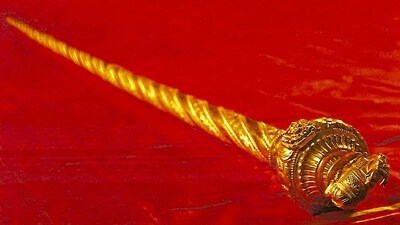 Sengol', a historical sceptre from Tamil Nadu, will be installed in the new Parliament building, to be inaugurated on May 28, in New Delhi. (PTI Photo) (PTI) (MINT_PRINT) Sengol', a historical sceptre from Tamil Nadu, will be installed in the new Parliament building, to be inaugurated on May 28, in New Delhi. (PTI Photo) (PTI) (MINT_PRINT)