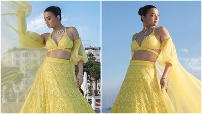Surveen Chawla wears a yellow lehenga in first pictures from the 2023 Cannes Film Festival. (Instagram) Surveen Chawla wears a yellow lehenga in first pictures from the 2023 Cannes Film Festival. (Instagram)