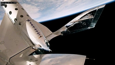 This image released by Virgin Galactic shows the company's Unity spacecraft during the May 25, 2023, Unity 25 mission. Virgin Galactic successfully carried out its first spaceflight in nearly two years on May 25, the company said, after an "enhancement period" to make safety upgrades to its fleet. It was the fifth time the space tourism company brushed the boundary of space, and has been billed as the final test before commercial operations can begin in late June, with members of the Italian Air Force as the first paying customers. (Photo by Handout / Virgin Galactic / AFP) This image released by Virgin Galactic shows the company's Unity spacecraft during the May 25, 2023, Unity 25 mission. Virgin Galactic successfully carried out its first spaceflight in nearly two years on May 25, the company said, after an "enhancement period" to make safety upgrades to its fleet. It was the fifth time the space tourism company brushed the boundary of space, and has been billed as the final test before commercial operations can begin in late June, with members of the Italian Air Force as the first paying customers. (Photo by Handout / Virgin Galactic / AFP)