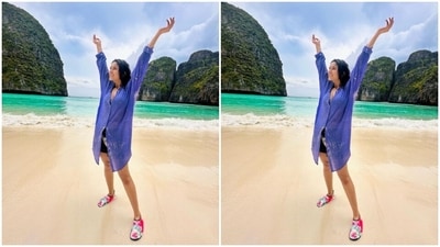 Against the sprawling blue waters of the sea, and a scenic backdrop of mountains lined, Shehnaaz posed and gave us a glimpse of her view. (Instagram/@shehnaazgill) Against the sprawling blue waters of the sea, and a scenic backdrop of mountains lined, Shehnaaz posed and gave us a glimpse of her view. (Instagram/@shehnaazgill)