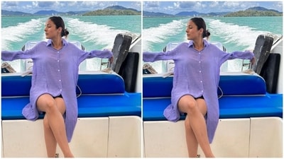 Shehnaaz shared snippets from her beach diaries while playing with the sun and the sea in a light blue long shirt dress. (Instagram/@shehnaazgill) Shehnaaz shared snippets from her beach diaries while playing with the sun and the sea in a light blue long shirt dress. (Instagram/@shehnaazgill)