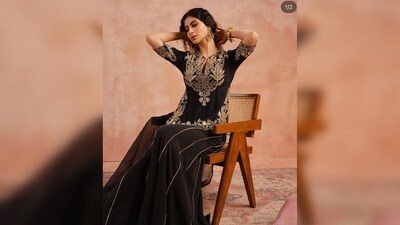 Mouni Roy wore a black bagh embroidered kurti with kalidar sharara from the SS’23 ‘Modern Mughals’ collection of the label. (Instagram/@imouniroy) Mouni Roy wore a black bagh embroidered kurti with kalidar sharara from the SS’23 ‘Modern Mughals’ collection of the label. (Instagram/@imouniroy)