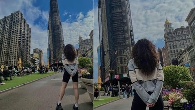 Taapsee Pannu also shared a bunch of solo photos from her New York trip. In an image she posted, the actor's back faced the camera as looked at some buildings during her walk. She wore a pair of shorts with a jumper and black sneakers. Taapsee Pannu also shared a bunch of solo photos from her New York trip. In an image she posted, the actor's back faced the camera as looked at some buildings during her walk. She wore a pair of shorts with a jumper and black sneakers. 
