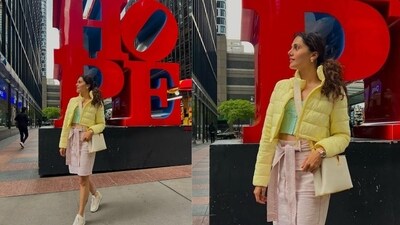 Taapsee Pannu posed in front of New York's 'Hope' sculpture, which is located in Manhattan. It attracts attention for its giant dimensions and bright red and electric blue colors. The actor was dressed in yellow for the outing. Taapsee Pannu posed in front of New York's 'Hope' sculpture, which is located in Manhattan. It attracts attention for its giant dimensions and bright red and electric blue colors. The actor was dressed in yellow for the outing. 