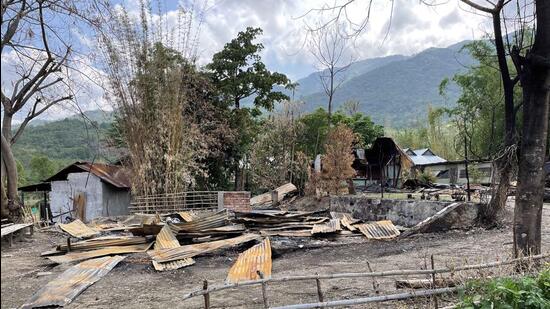 **EDS: TO GO WITH STORY** Imphal: Damolished houses in a violence-hit area of Manipur. (PTI Photo)(PTI05_26_2023_000228B) (PTI)