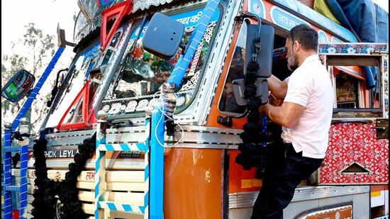 Congress leader Rahul Gandhi takes a truck ride from Delhi to Chandigarh on Monday. (ANI)
