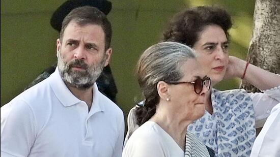 Former president Sonia Gandhi, party leader Rahul Gandhi and general secretary Priyanka Gandhi Vadra had petitioned the high court against the income tax department’s order (HT File Photo)