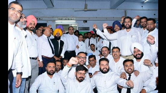 Members of bar association during the protest in Ludhiana on Friday. (Manish/HT)