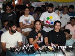 Protesting wrestlers Bajrang Punia, Vinesh Phogat and Sakshi Malik during a press conference at Jantar Mantar in New Delhi on Saturday. (PTI) Protesting wrestlers Bajrang Punia, Vinesh Phogat and Sakshi Malik during a press conference at Jantar Mantar in New Delhi on Saturday. (PTI)