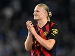 Manchester City's Erling Braut Haaland celebrates after the match 