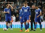 Leicester City's Wout Faes, Youri Tielemans and assistant manager Craig Shakespeare