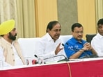 Telangana chief minister KCR with Delhi CM Arvind Kejriwal and Punjab CM Bhagwant Mann at a press conference. Telangana chief minister KCR with Delhi CM Arvind Kejriwal and Punjab CM Bhagwant Mann at a press conference.