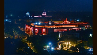 An illuminated view of the new Parliament House Building on Saturday. (Raj K Raj/HT Photo) An illuminated view of the new Parliament House Building on Saturday. (Raj K Raj/HT Photo)
