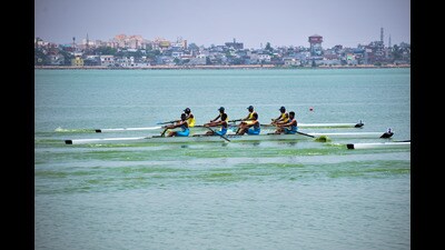 Athletes compete in the rowing event at the Khelo India University Games, in Gorakhpur, Saturday (PTI) Athletes compete in the rowing event at the Khelo India University Games, in Gorakhpur, Saturday (PTI)