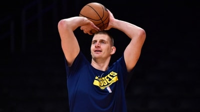May 22, 2023; Los Angeles, California, USA; Denver Nuggets center Nikola Jokic (15) practices before playing against the Los Angeles Lakers in game four of the Western Conference Finals for the 2023 NBA playoffs at Crypto.com Arena. (USA TODAY Sports via Reuters Con)