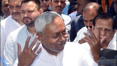 Bihar chief minister Nitish Kumar interacted with media persons after paying respects to Jawahar Lal Nehru on his death anniversary in Patna on Saturday. (ANI) Bihar chief minister Nitish Kumar interacted with media persons after paying respects to Jawahar Lal Nehru on his death anniversary in Patna on Saturday. (ANI)
