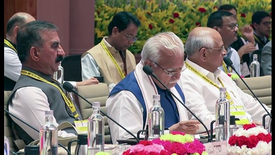 Himachal Pradesh CM Sukhvinder Singh Sukhu and Haryana CM Manohar Lal Khattar during the Niti Aayog meeting in New Delhi on Saturday. (ANI)
