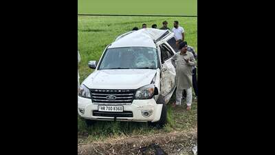 Mangled remains of the ill-fated car in Ambala on Saturday.