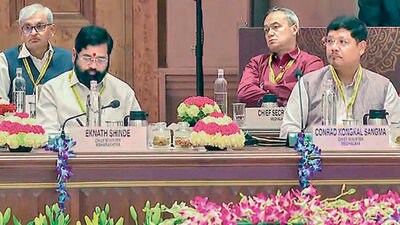 New Delhi, May 27 (ANI): Maharashtra CM Eknath Shinde, Meghalaya CM Conrad Sangma and Mizoram CM Zoramthanga during the 8th Governing Council meeting of Niti Aayog on the theme of 'Viksit Bharat @ 2047: Role of Team India' chairing by the Prime Minister Narendra Modi at the new Convention Centre of Pragati Maidan in New Delhi on Saturday. (ANI Photo) (ANI)