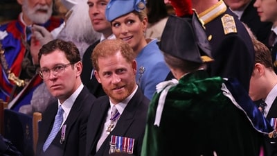 TOPSHOT - Britain's Prince Harry, Duke of Sussex talks to Britain's Princess Anne, Princess Royal at Westminster Abbey in central London on May 6, 2023, ahead of the coronations of Britain's King Charles III and Britain's Camilla, Queen Consort. - The set-piece coronation is the first in Britain in 70 years, and only the second in history to be televised. Charles will be the 40th reigning monarch to be crowned at the central London church since King William I in 1066. Outside the UK, he is also king of 14 other Commonwealth countries, including Australia, Canada and New Zealand. Camilla, his second wife, will be crowned queen alongside him, and be known as Queen Camilla after the ceremony. (AFP) TOPSHOT - Britain's Prince Harry, Duke of Sussex talks to Britain's Princess Anne, Princess Royal at Westminster Abbey in central London on May 6, 2023, ahead of the coronations of Britain's King Charles III and Britain's Camilla, Queen Consort. - The set-piece coronation is the first in Britain in 70 years, and only the second in history to be televised. Charles will be the 40th reigning monarch to be crowned at the central London church since King William I in 1066. Outside the UK, he is also king of 14 other Commonwealth countries, including Australia, Canada and New Zealand. Camilla, his second wife, will be crowned queen alongside him, and be known as Queen Camilla after the ceremony. (AFP)
