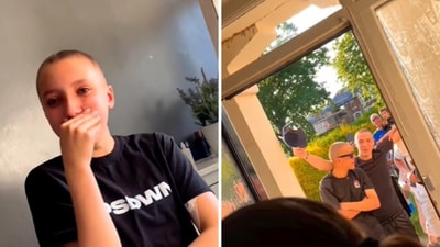 The image shows the teen’s reaction to seeing her friends who shaved their heads to support her in her journey of battling cancer. (Twitter/@GoodNewsMVT) The image shows the teen’s reaction to seeing her friends who shaved their heads to support her in her journey of battling cancer. (Twitter/@GoodNewsMVT)