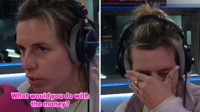 The image shows the RJ tearing up upon hearing what an elderly man would do if he wins the prize money. (Twitter/@hitsradiouk)