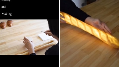 The image shows the artist making a lamp using bread. (Instagram/@pampshade_by_yukikomorita) The image shows the artist making a lamp using bread. (Instagram/@pampshade_by_yukikomorita)