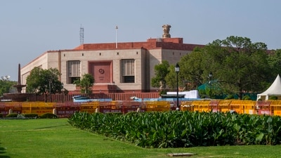 A view of the new Parliament building on the eve of its inauguration by Prime Minister Narendra Modi, in New Delhi, Saturday. (PTI) A view of the new Parliament building on the eve of its inauguration by Prime Minister Narendra Modi, in New Delhi, Saturday. (PTI)