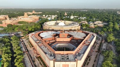 An aerial view of the new parliament building in Delhi. Along with the mammoth on-site construction activities, the making of the new Parliament building entailed several off-site key construction tasks as well. Materials used in its building have been sourced from states including Tripura, Uttar Pradesh, Rajasthan and other places. (Government sources) An aerial view of the new parliament building in Delhi. Along with the mammoth on-site construction activities, the making of the new Parliament building entailed several off-site key construction tasks as well. Materials used in its building have been sourced from states including Tripura, Uttar Pradesh, Rajasthan and other places. (Government sources)