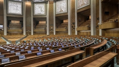 The red granite, installed inside the Rajya Sabha chamber was brought from Ajmer's Lakha and the white marbles from Ambaji in Rajasthan. (Government sources) The red granite, installed inside the Rajya Sabha chamber was brought from Ajmer's Lakha and the white marbles from Ambaji in Rajasthan. (Government sources)