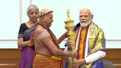 Adheenams handed over the 'Sengol' to PM Modi at his residence in Delhi on Saturday.