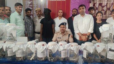 Haryana Police with accused Gurudev Singh Barnala on Saturday. (Twitter/@police_haryana)