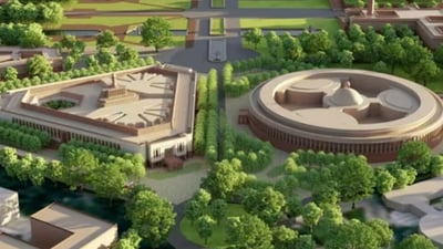 Graphic image shows the new Parliament building on the left and old one on the right. (Central Vista official website) Graphic image shows the new Parliament building on the left and old one on the right. (Central Vista official website)