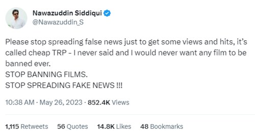 Nawazuddin Siddiqui clarifies he never supported The Kerala Story ban. Nawazuddin Siddiqui clarifies he never supported The Kerala Story ban.